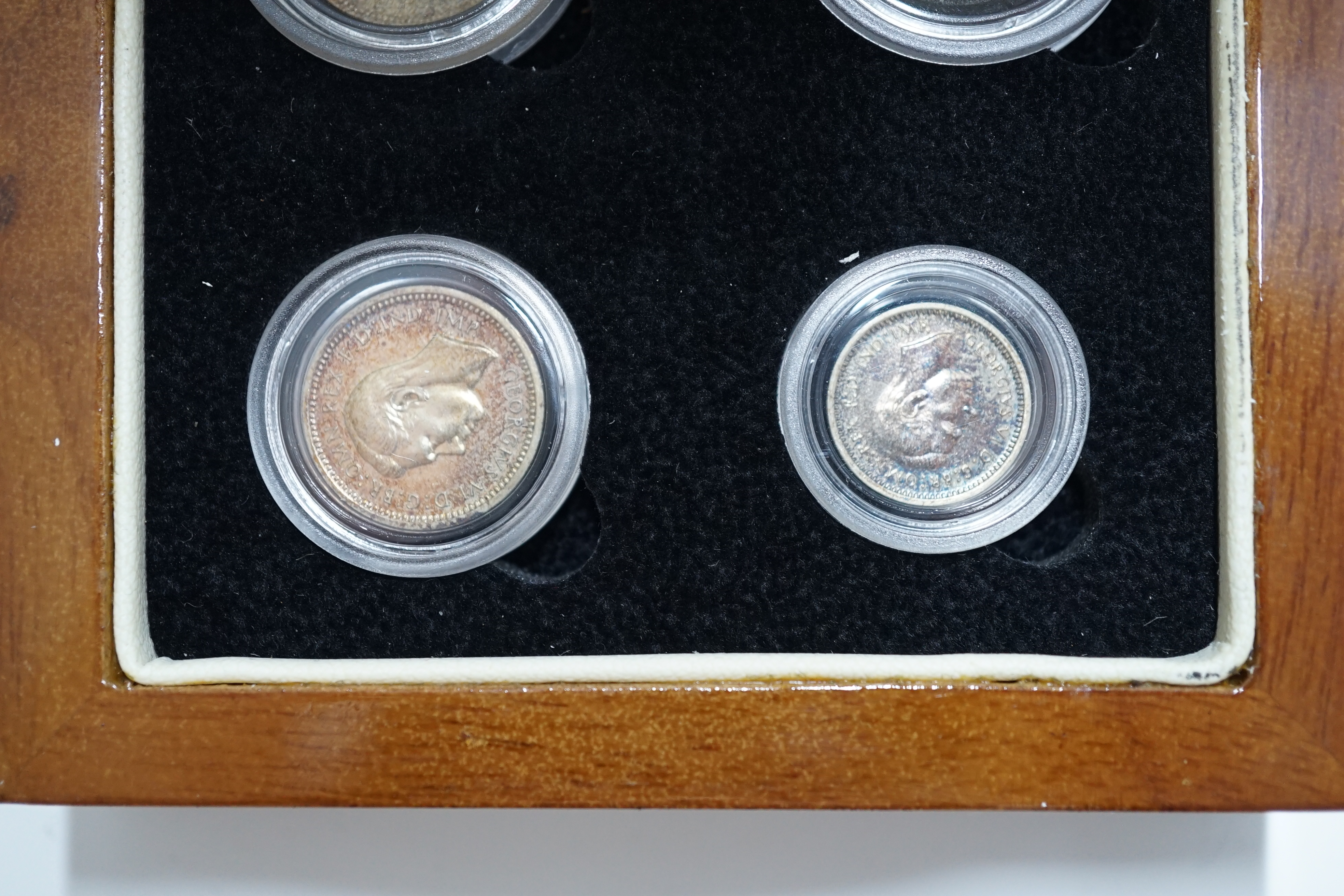 British silver coins, George VI four coin set of Maundy coins, 1939, toned UNC, in London mint case